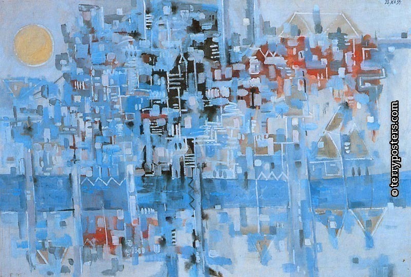 Town with river: oil, screen 99x150 cm; 1959